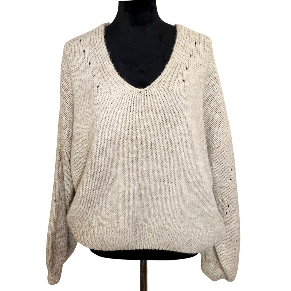 ASOS DESIGN Size 14 Taupe Acrylic Blend V-neck Sweater w/ Sleeve Stitch Detail